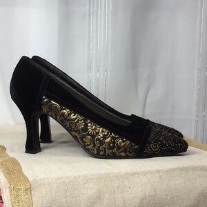 Caparros Black Velvet with Gold Brocade and Leather Sole Heels
